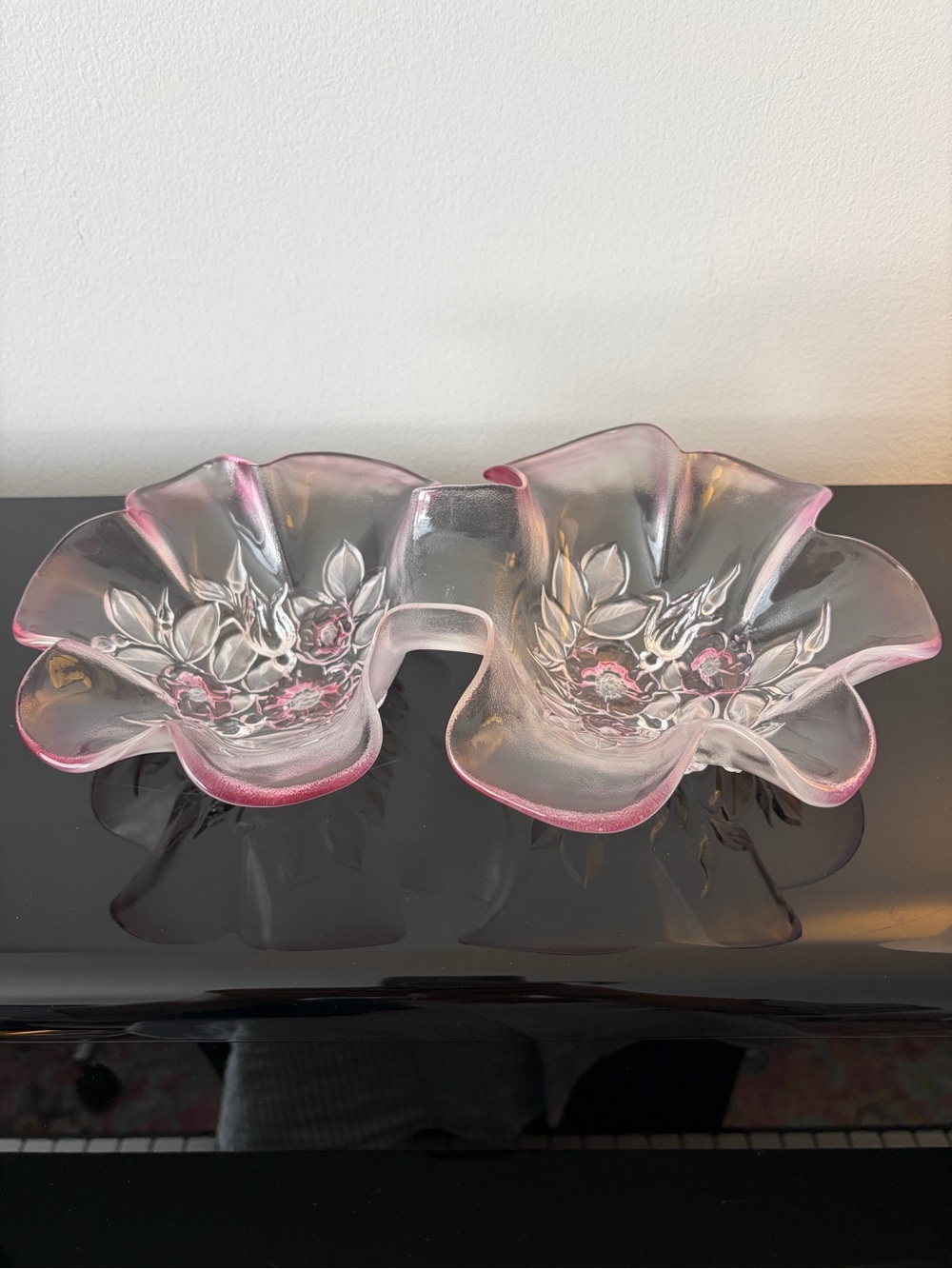 Decorative Pink Rim Glass Double Dish Bowl - Floral Accent